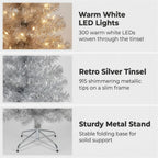 Christabelle 2.1m 7ft Silver Tinsel Christmas Tree Pre Lit Warm White LED Retro Artificial Indoor Xmas Decor Home