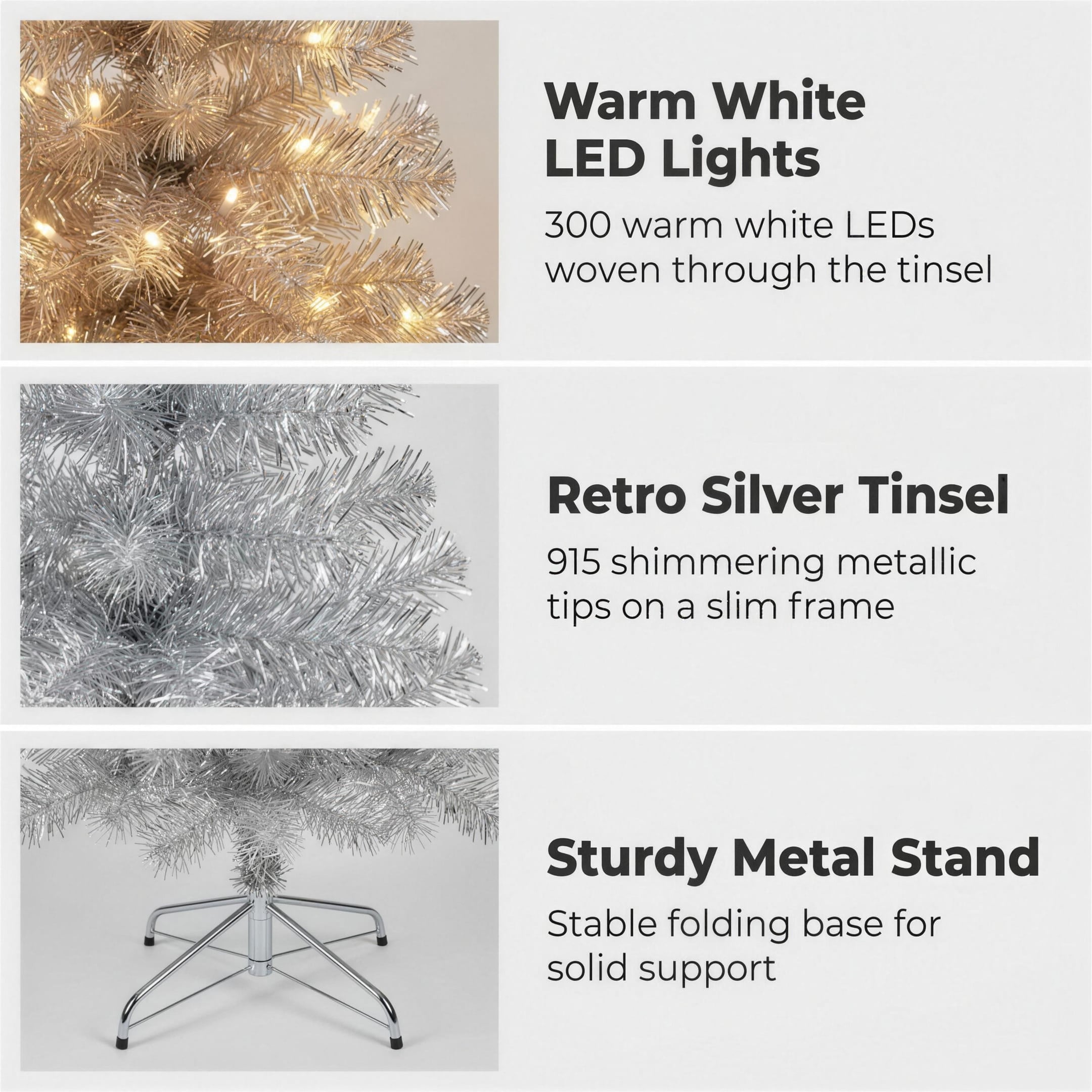 Christabelle 2.1m 7ft Silver Tinsel Christmas Tree Pre Lit Warm White LED Retro Artificial Indoor Xmas Decor Home