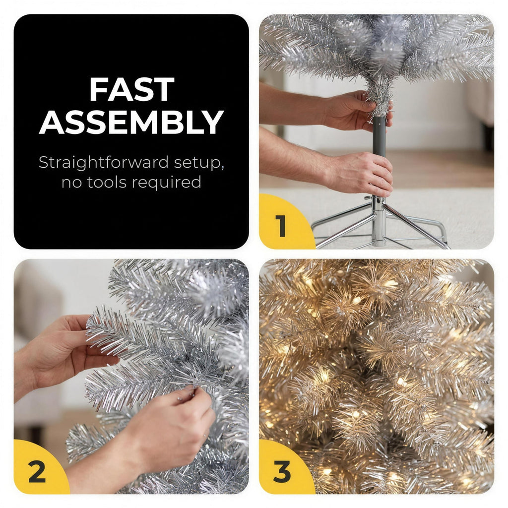 Christabelle 2.1m 7ft Silver Tinsel Christmas Tree Pre Lit Warm White LED Retro Artificial Indoor Xmas Decor Home
