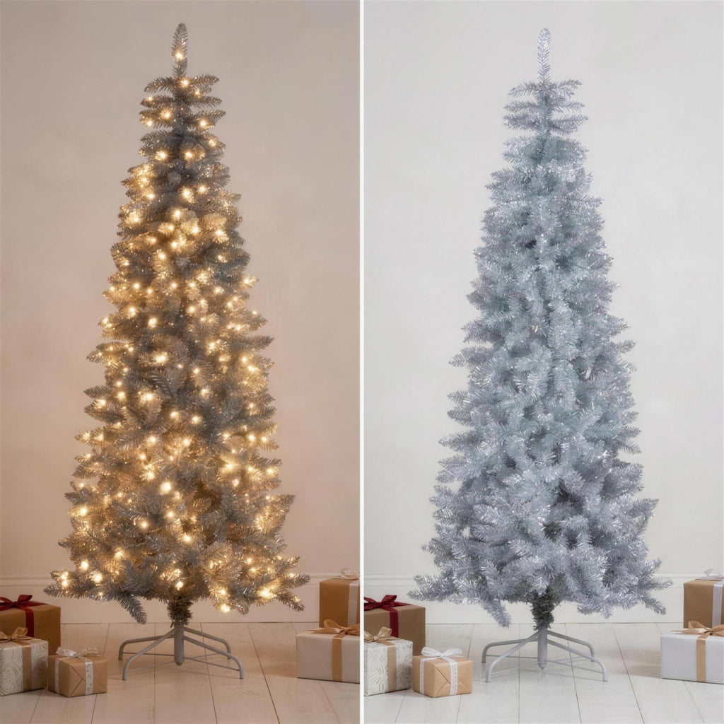 Christabelle 2.1m 7ft Silver Tinsel Christmas Tree Pre Lit Warm White LED Retro Artificial Indoor Xmas Decor Home