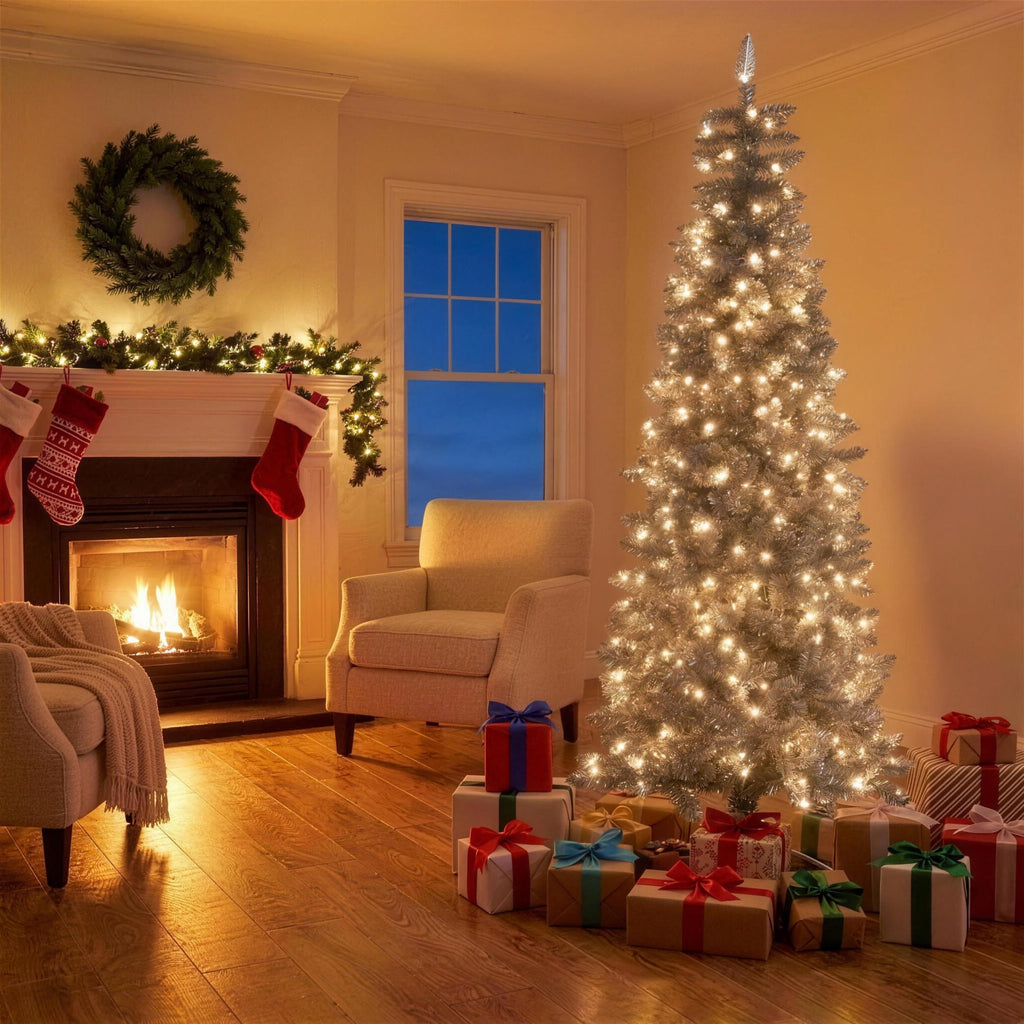 Christabelle 2.1m 7ft Silver Tinsel Christmas Tree Pre Lit Warm White LED Retro Artificial Indoor Xmas Decor Home