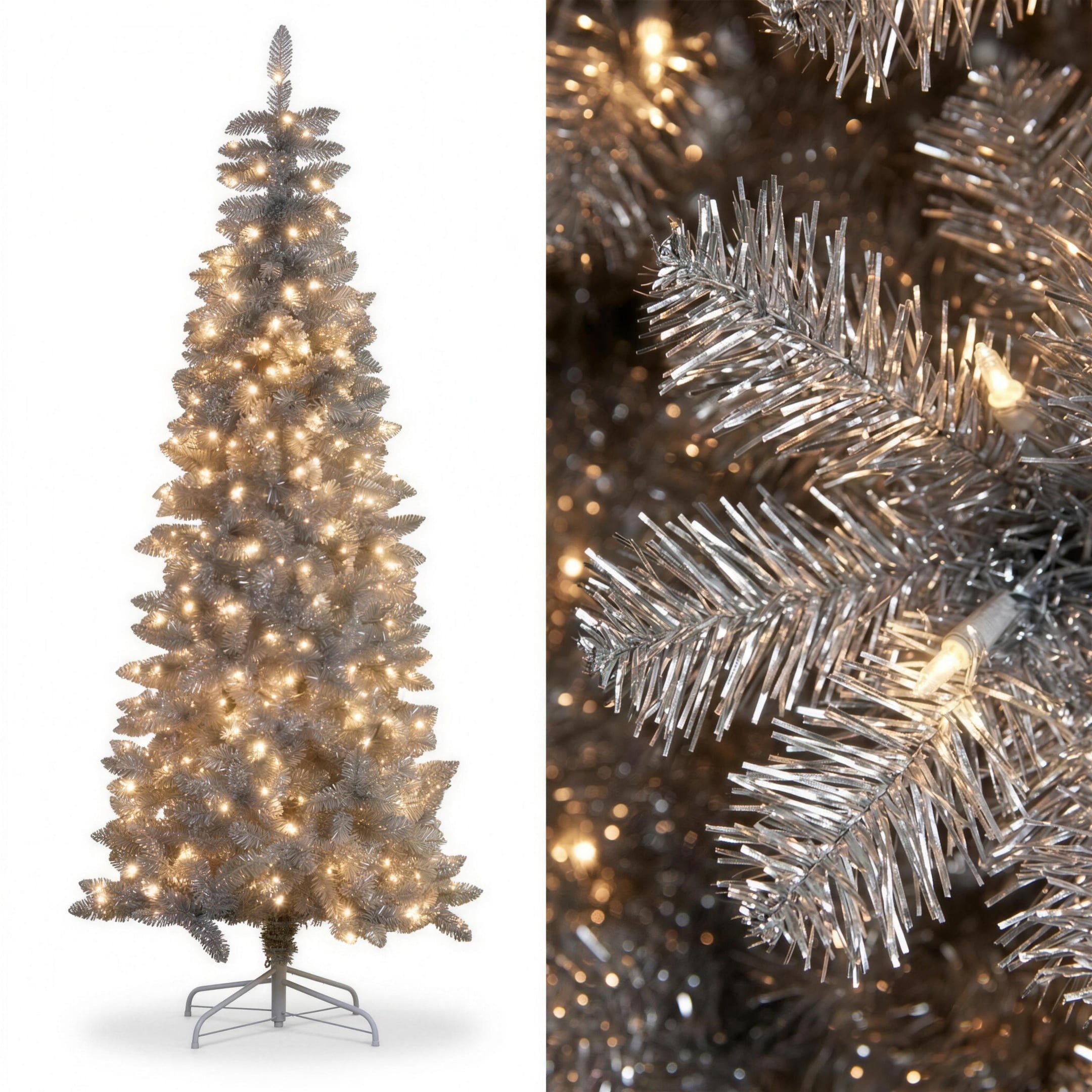 Christabelle 2.1m 7ft Silver Tinsel Christmas Tree Pre Lit Warm White LED Retro Artificial Indoor Xmas Decor Home