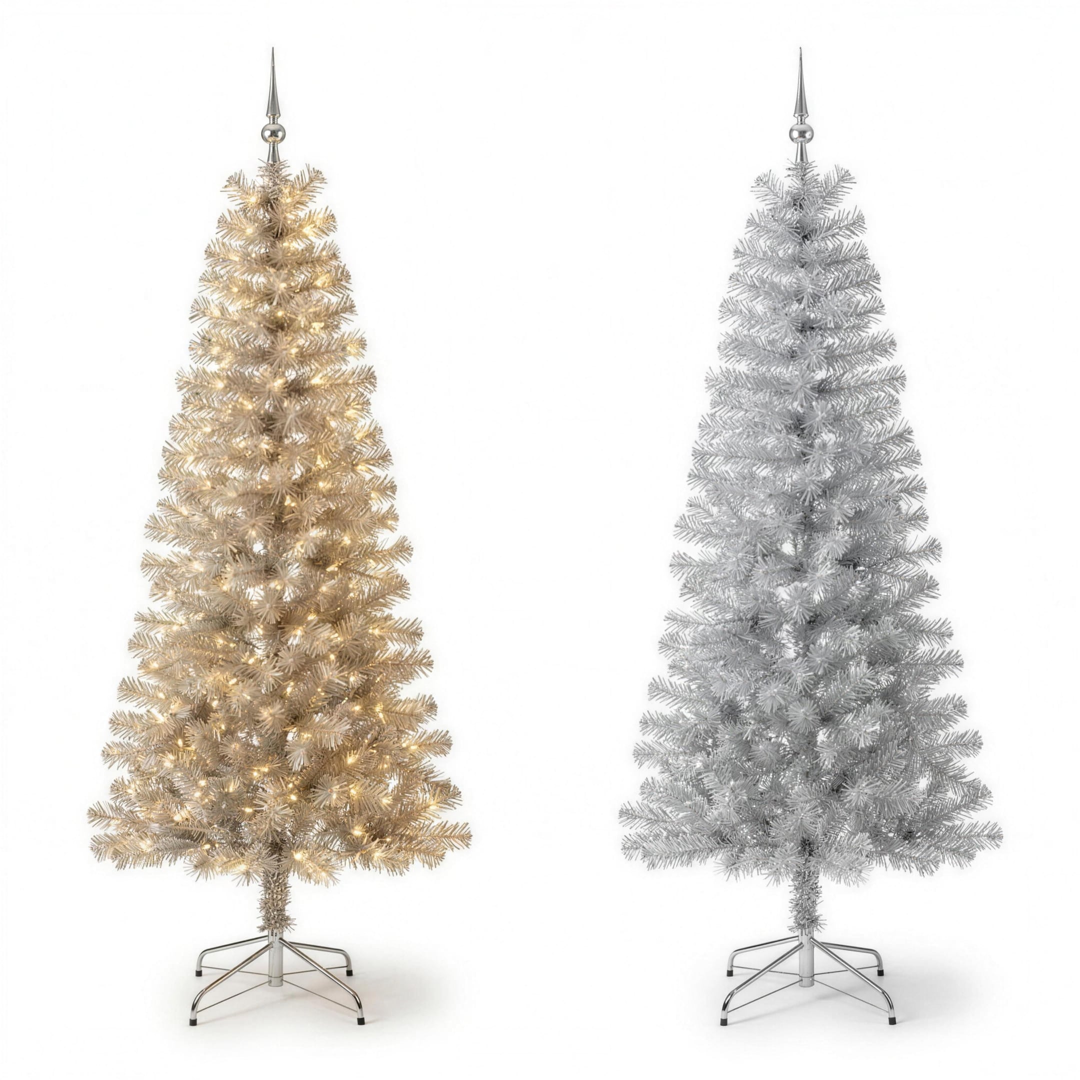 Christabelle 2.1m 7ft Silver Tinsel Christmas Tree Pre Lit Warm White LED Retro Artificial Indoor Xmas Decor Home