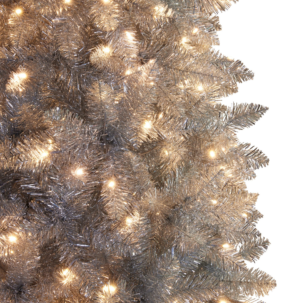 Christabelle 2.1m 7ft Silver Tinsel Christmas Tree Pre Lit Warm White LED Retro Artificial Indoor Xmas Decor Home