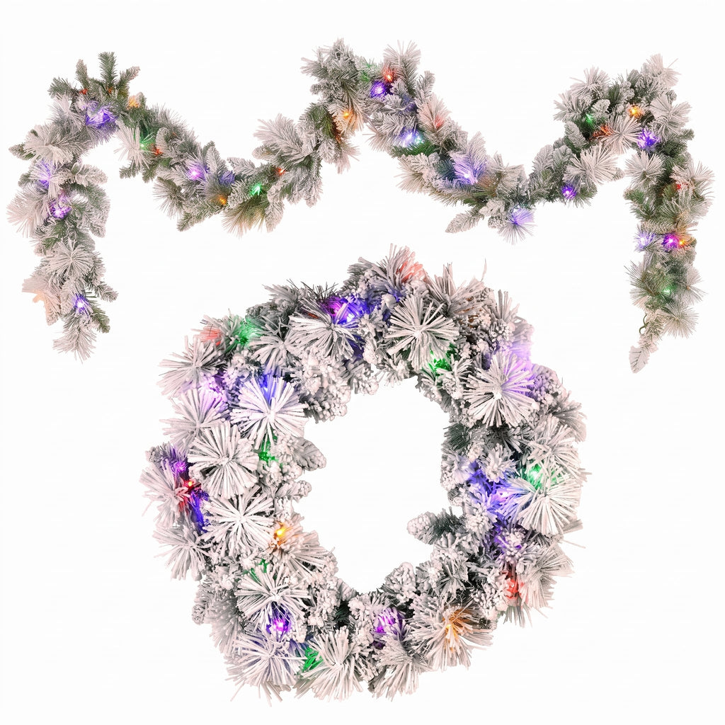 Christabelle Pre-Lit Snowy Christmas Wreath 61cm & 2.7m Garland Dorset Pine Multi-Function LED Lights Holiday Decor
