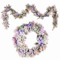 Christabelle Pre-Lit Snowy Christmas Wreath 61cm & 2.7m Garland Dorset Pine Multi-Function LED Lights Holiday Decor