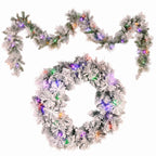 Christabelle Pre-Lit Snowy Christmas Wreath 61cm & 2.7m Garland Dorset Pine Multi-Function LED Lights Holiday Decor
