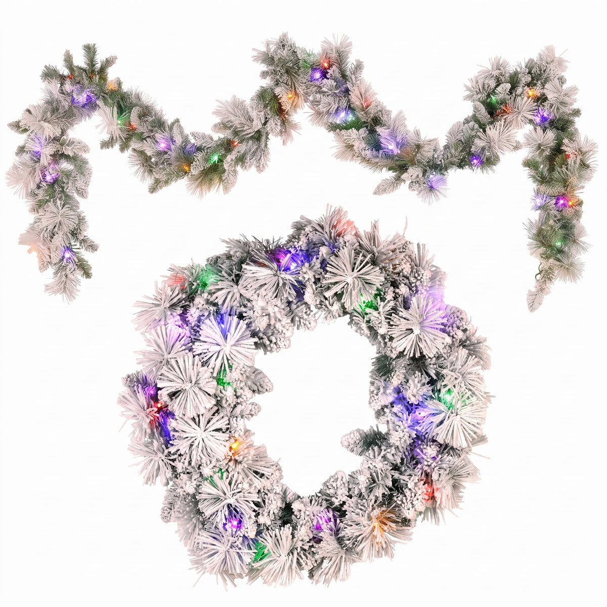 Christabelle Pre-Lit Snowy Christmas Wreath 61cm & 2.7m Garland Dorset Pine Multi-Function LED Lights Holiday Decor