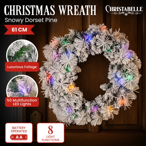 Christabelle 61cm Christmas Wreath Snowy Dorset Pine with Multi-Function LED Lights Tree Door Decoration Ornament