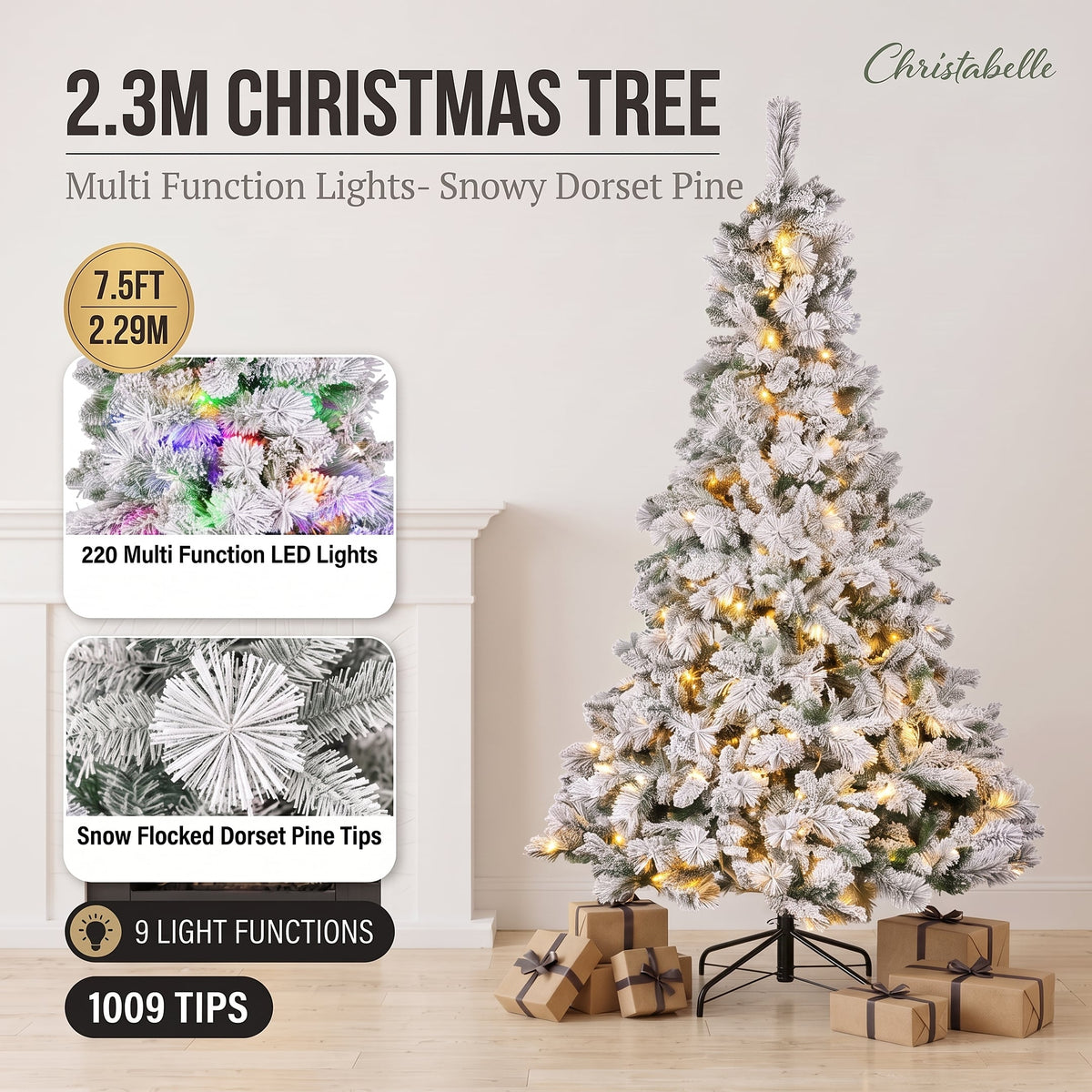 Christabelle 2.3m 7.5ft Snowy Dorset Pine Christmas Tree Pre Lit Multi Function LED Lightly Flocked Artificial Xmas Decor
