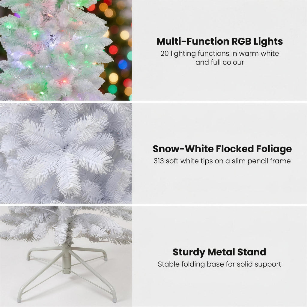 Christabelle 1.8m 6ft White Fairy Floss Christmas Tree Pre Lit RGB LED Flocked Slim 20 Modes Festive Holiday Decoration