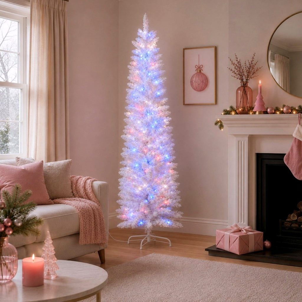 Christabelle 1.8m 6ft White Fairy Floss Christmas Tree Pre Lit RGB LED Flocked Slim 20 Modes Festive Holiday Decoration