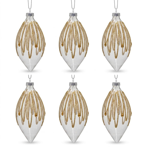 Christabelle 6 Glass Christmas Teardrop Baubles Gold Shimmer Jewels 13cm Xmas Tree Decorations Hanging Ornaments