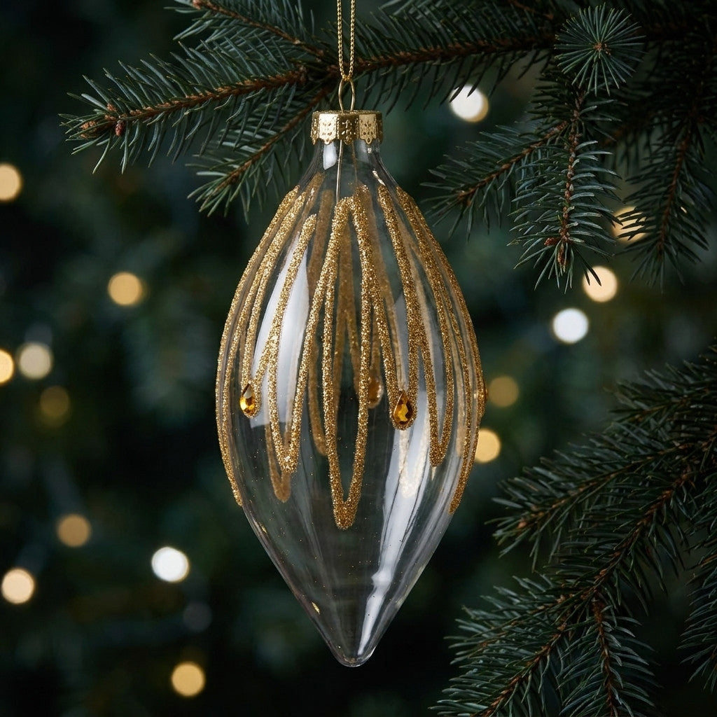 Christabelle 6 Glass Christmas Teardrop Baubles Gold Shimmer Jewels 13cm Xmas Tree Decorations Hanging Ornaments