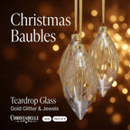Christabelle 6 Glass Christmas Teardrop Baubles Gold Shimmer Jewels 13cm Xmas Tree Decorations Hanging Ornaments