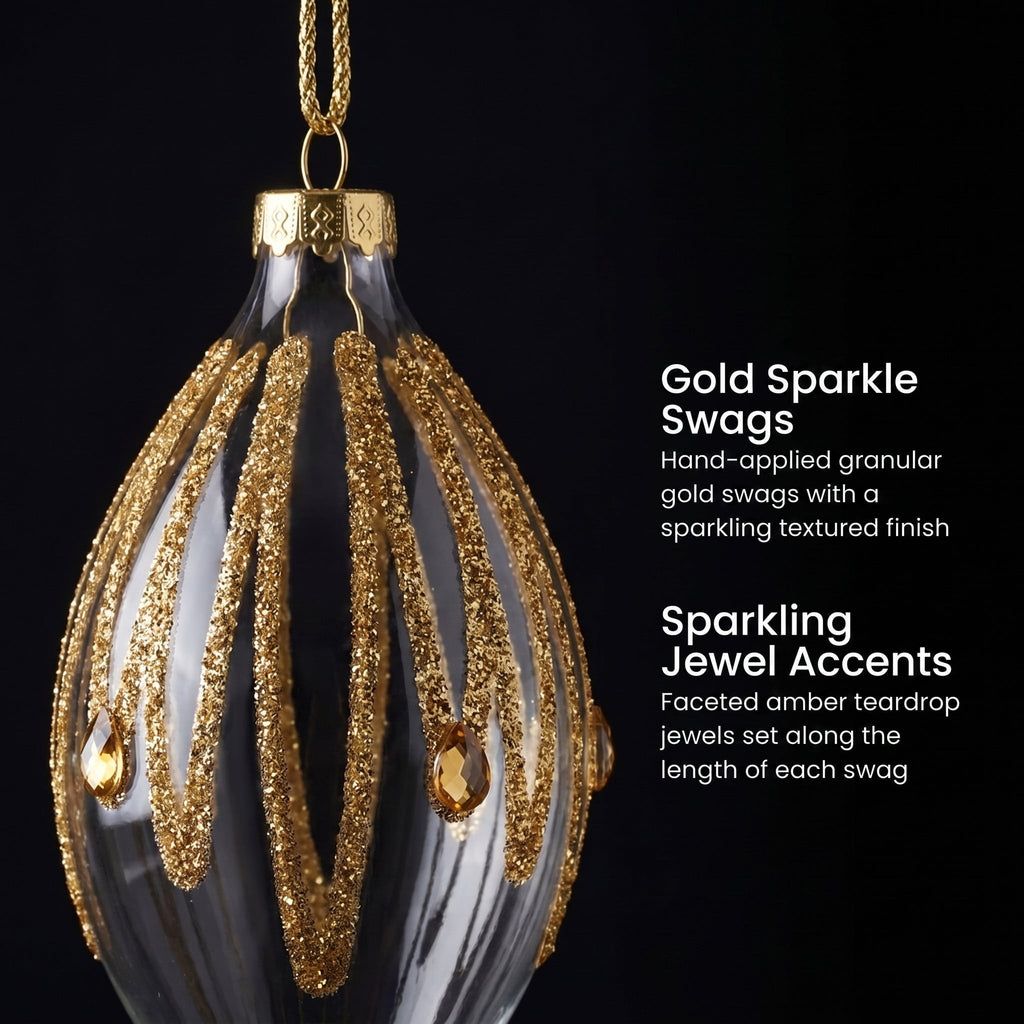 Christabelle 6 Glass Christmas Teardrop Baubles Gold Shimmer Jewels 13cm Xmas Tree Decorations Hanging Ornaments