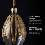 Christabelle 6 Glass Christmas Teardrop Baubles Gold Shimmer Jewels 13cm Xmas Tree Decorations Hanging Ornaments