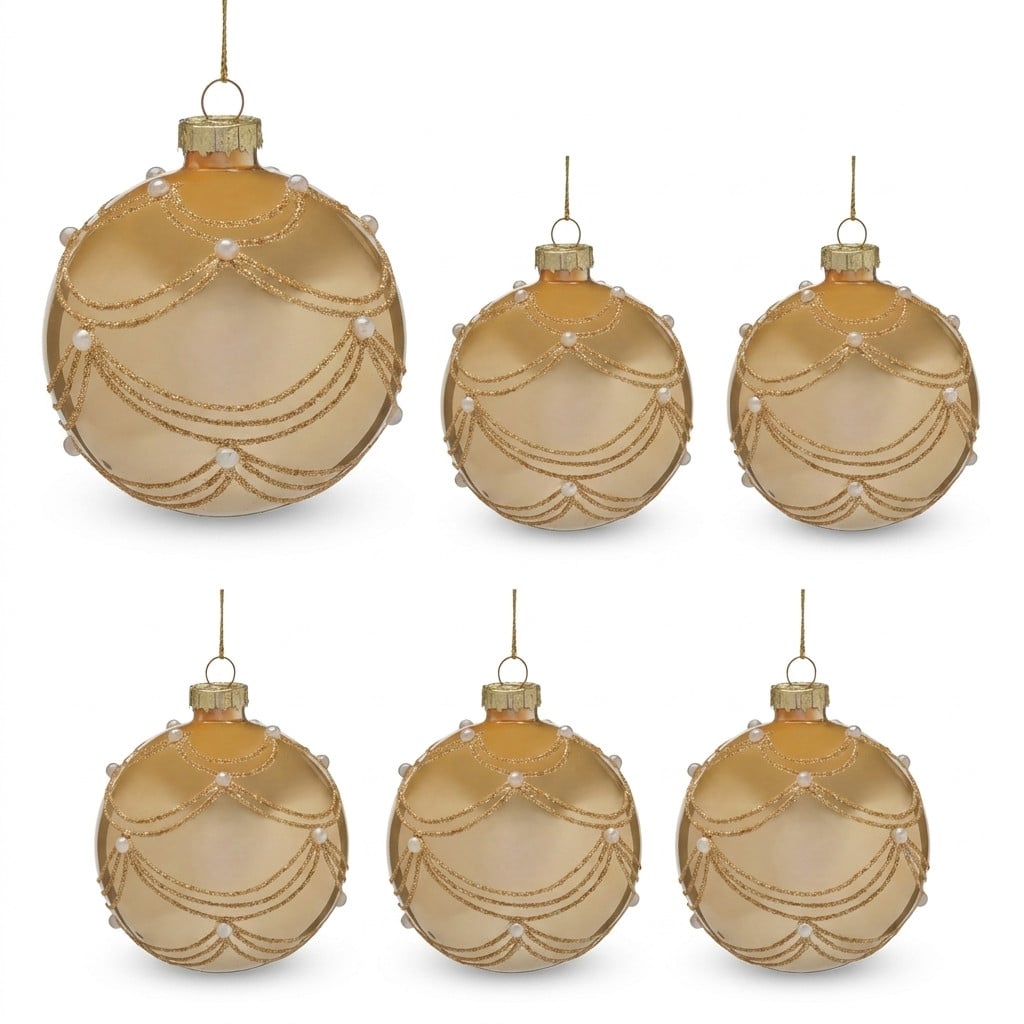 Christabelle 6 Champagne Glass Christmas Baubles Gold Swirl Pearl 8cm Xmas Tree Decorations Hanging Ornaments