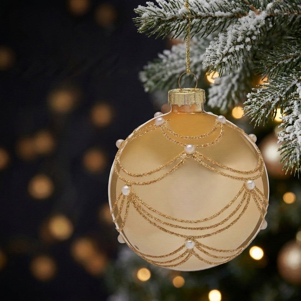 Christabelle 6 Champagne Glass Christmas Baubles Gold Swirl Pearl 8cm Xmas Tree Decorations Hanging Ornaments