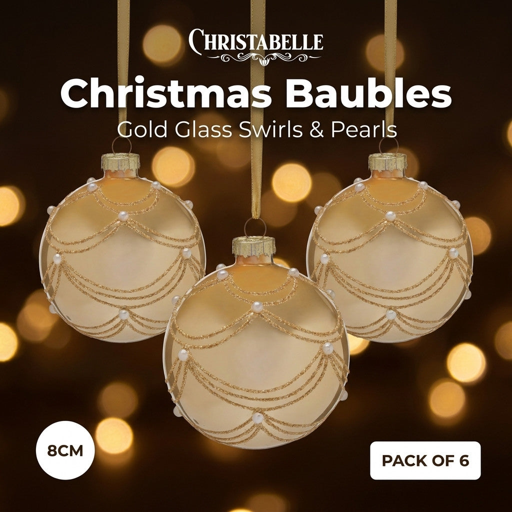 Christabelle 6 Champagne Glass Christmas Baubles Gold Swirl Pearl 8cm Xmas Tree Decorations Hanging Ornaments