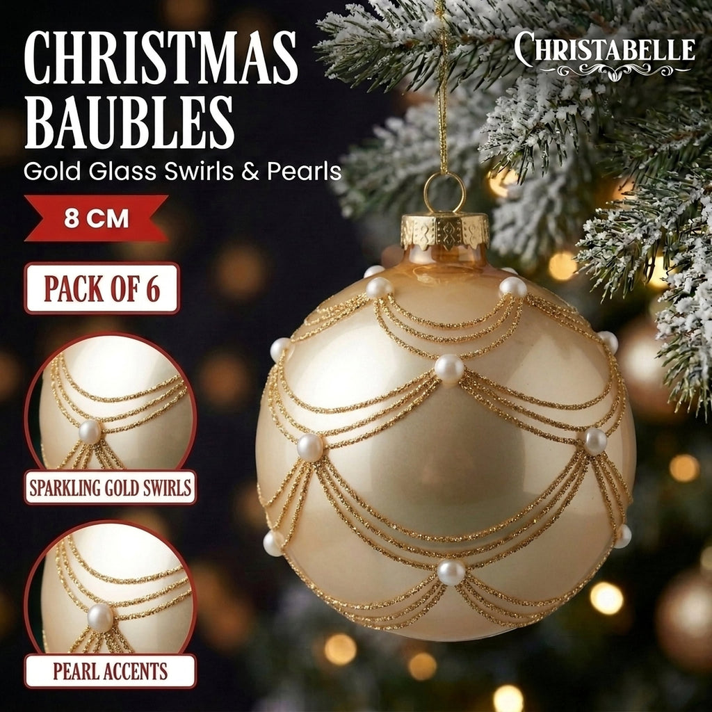 Christabelle 6 Champagne Glass Christmas Baubles Gold Swirl Pearl 8cm Xmas Tree Decorations Hanging Ornaments