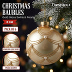 Christabelle 6 Champagne Glass Christmas Baubles Gold Swirl Pearl 8cm Xmas Tree Decorations Hanging Ornaments