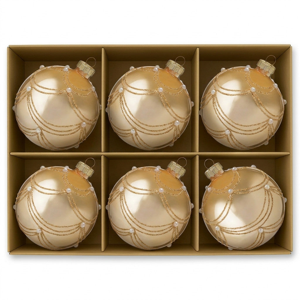 Christabelle 6 Champagne Glass Christmas Baubles Gold Swirl Pearl 8cm Xmas Tree Decorations Hanging Ornaments