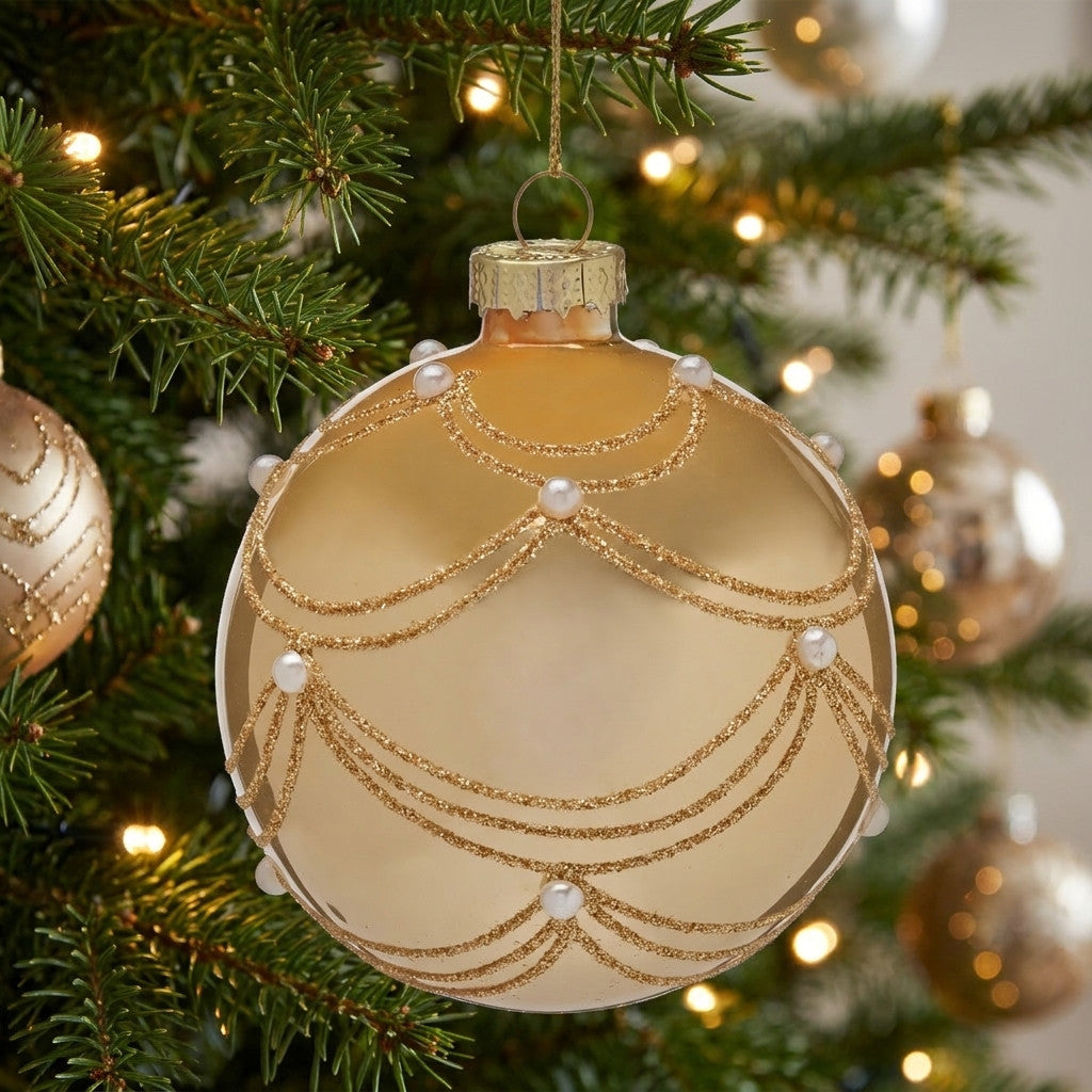 Christabelle 6 Champagne Glass Christmas Baubles Gold Swirl Pearl 8cm Xmas Tree Decorations Hanging Ornaments