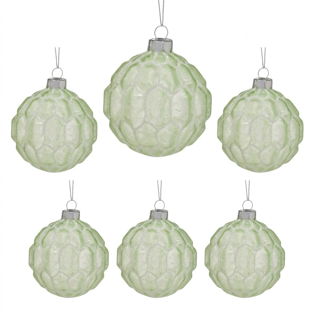 Christabelle 6 Pale Green Glass Christmas Baubles White Shimmer 8cm Xmas Tree Decorations Hanging Ornaments