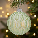 Christabelle 6 Pale Green Glass Christmas Baubles White Shimmer 8cm Xmas Tree Decorations Hanging Ornaments