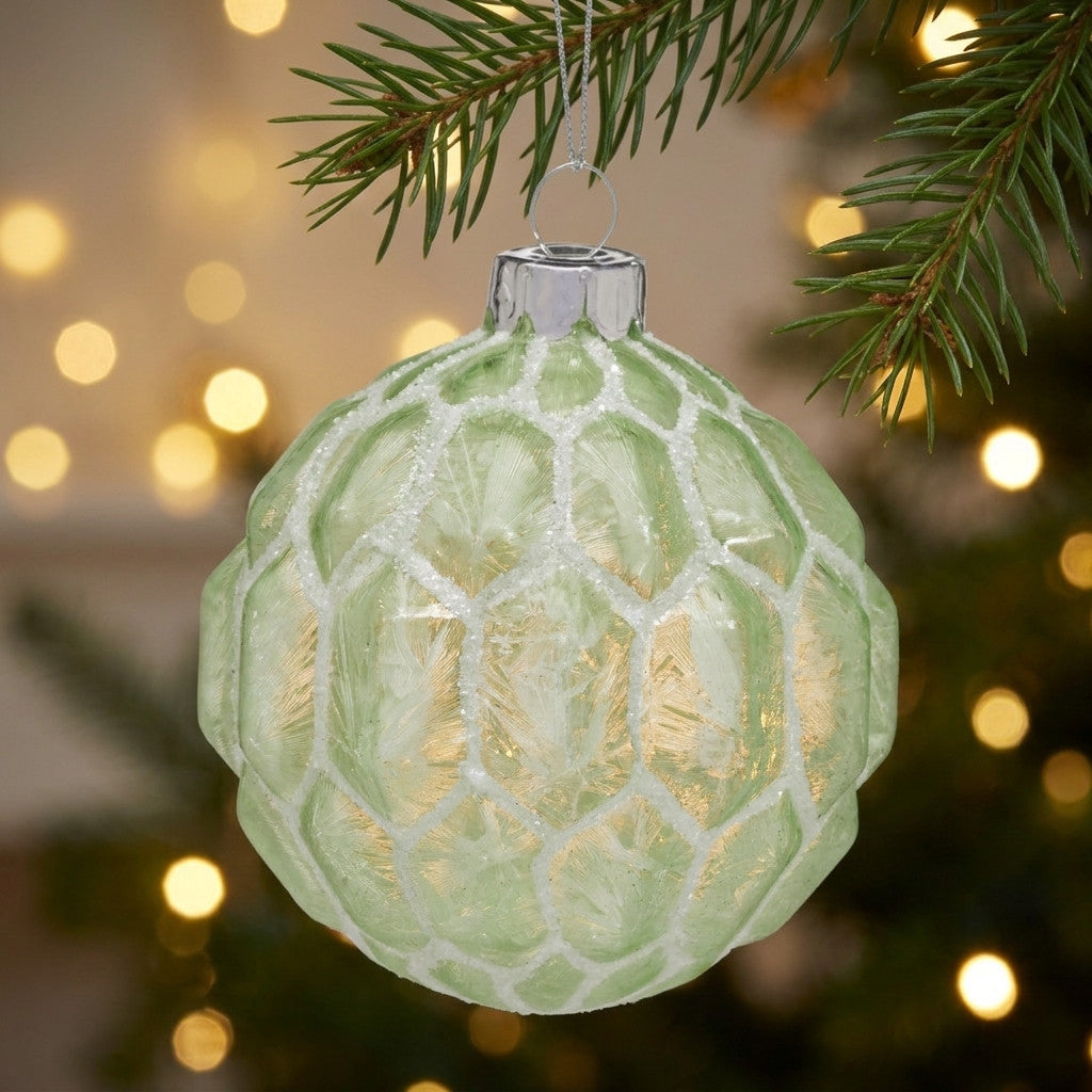 Christabelle 6 Pale Green Glass Christmas Baubles White Shimmer 8cm Xmas Tree Decorations Hanging Ornaments