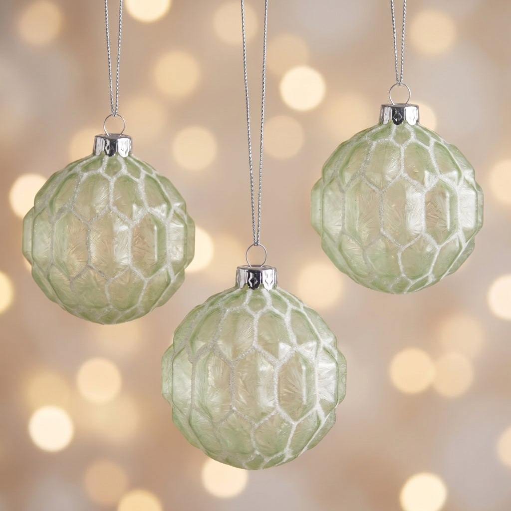 Christabelle 6 Pale Green Glass Christmas Baubles White Shimmer 8cm Xmas Tree Decorations Hanging Ornaments