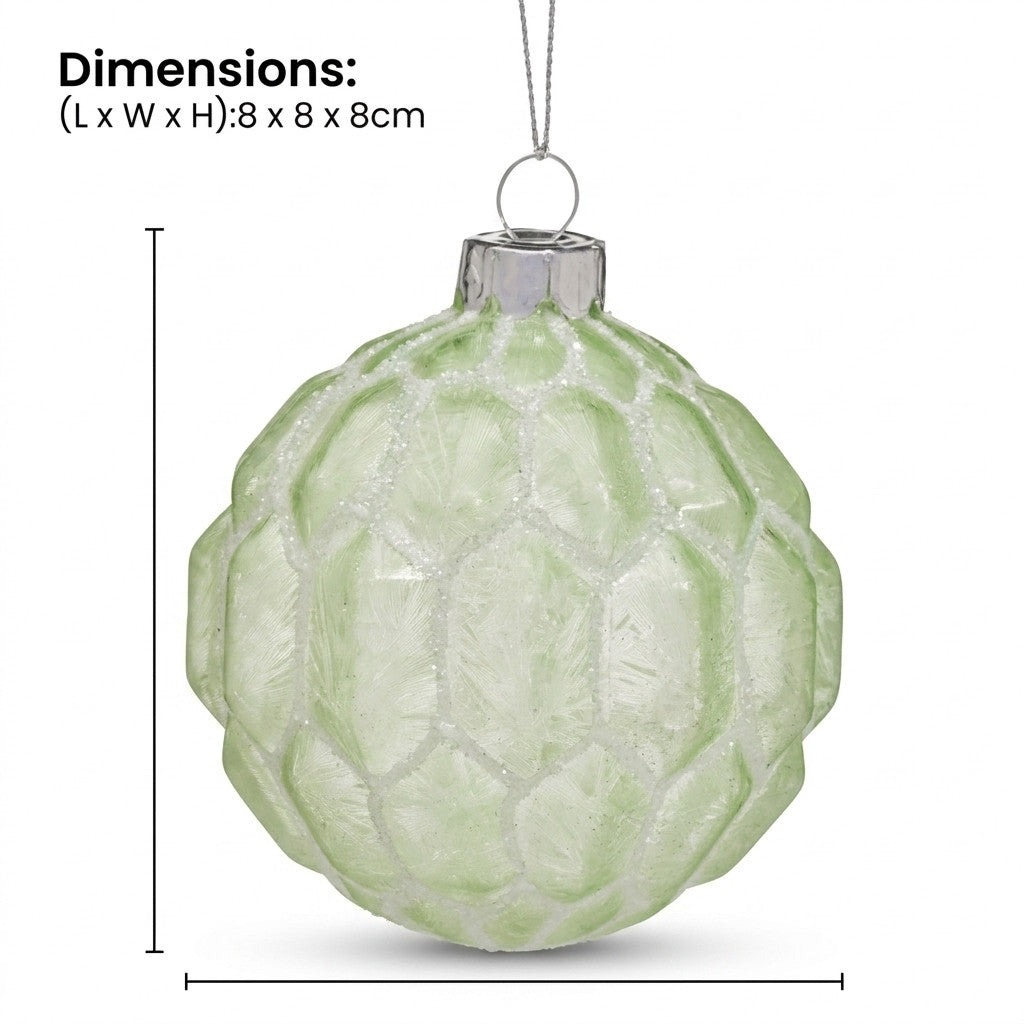 Christabelle 6 Pale Green Glass Christmas Baubles White Shimmer 8cm Xmas Tree Decorations Hanging Ornaments