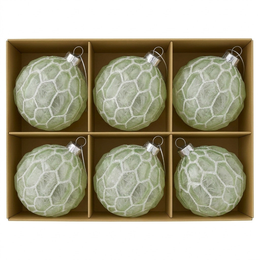 Christabelle 6 Pale Green Glass Christmas Baubles White Shimmer 8cm Xmas Tree Decorations Hanging Ornaments