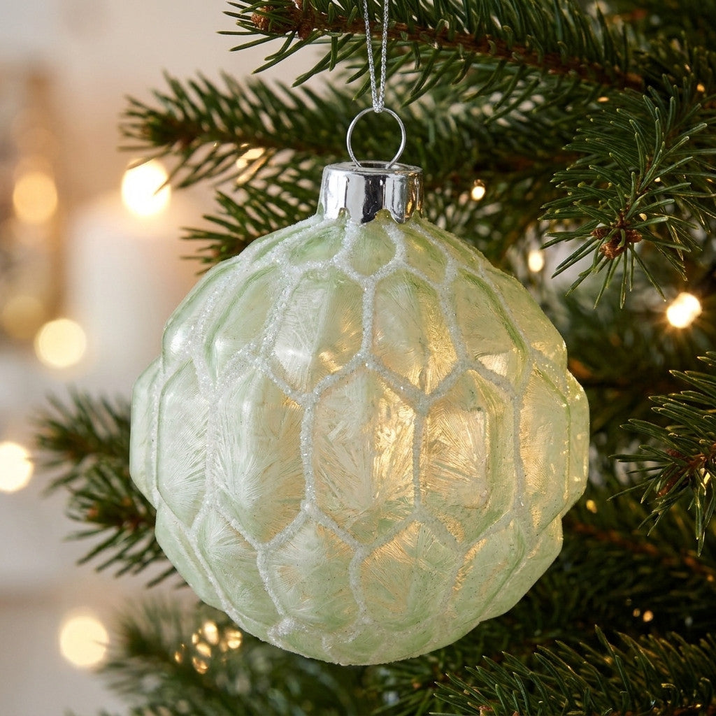 Christabelle 6 Pale Green Glass Christmas Baubles White Shimmer 8cm Xmas Tree Decorations Hanging Ornaments