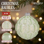 Christabelle 6 Pale Green Glass Christmas Baubles White Shimmer 8cm Xmas Tree Decorations Hanging Ornaments