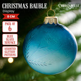 Christabelle Blue Glass Baubles 6Pcs with Etched Leaf Pattern Balls Christmas Tree Decoration Ornament