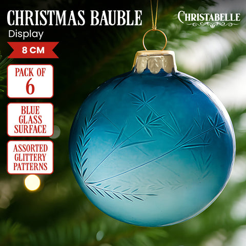 Christabelle Blue Glass Baubles 6Pcs with Etched Leaf Pattern Balls Christmas Tree Decoration Ornament