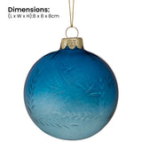 Christabelle Blue Glass Baubles 6Pcs with Etched Leaf Pattern Balls Christmas Tree Decoration Ornament