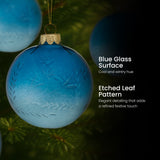 Christabelle Blue Glass Baubles 6Pcs with Etched Leaf Pattern Balls Christmas Tree Decoration Ornament
