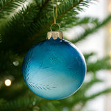Christabelle Blue Glass Baubles 6Pcs with Etched Leaf Pattern Balls Christmas Tree Decoration Ornament