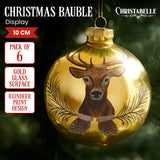 Christabelle Large Gold Glass Baubles 6Pcs with Reindeer Print Balls Christmas Tree Decoration Ornament