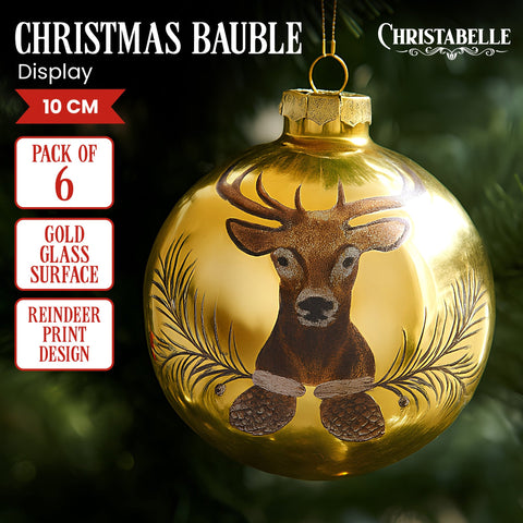 Christabelle Large Gold Glass Baubles 6Pcs with Reindeer Print Balls Christmas Tree Decoration Ornament