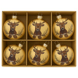 Christabelle Large Gold Glass Baubles 6Pcs with Reindeer Print Balls Christmas Tree Decoration Ornament