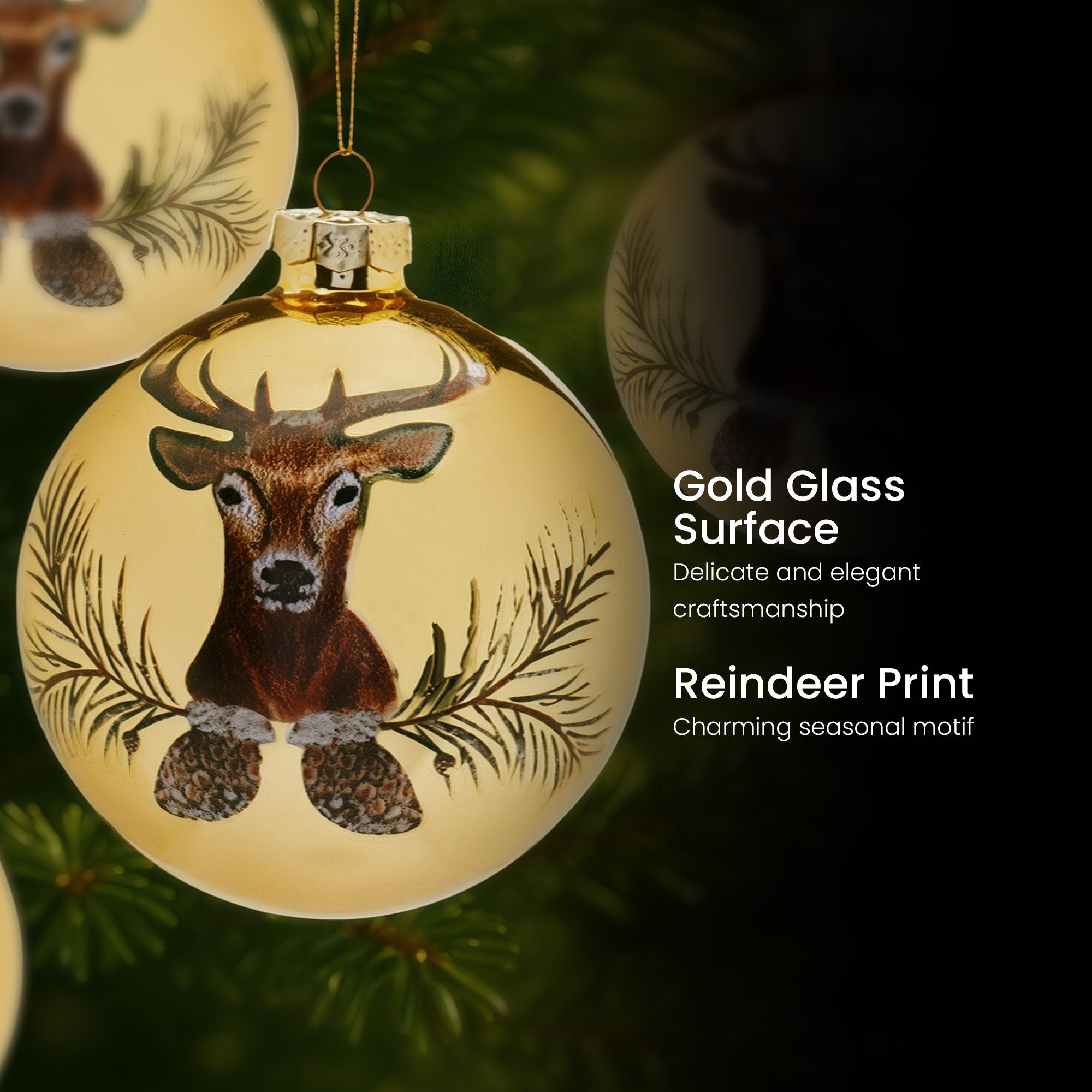 Christabelle Large Gold Glass Baubles 6Pcs with Reindeer Print Balls Christmas Tree Decoration Ornament
