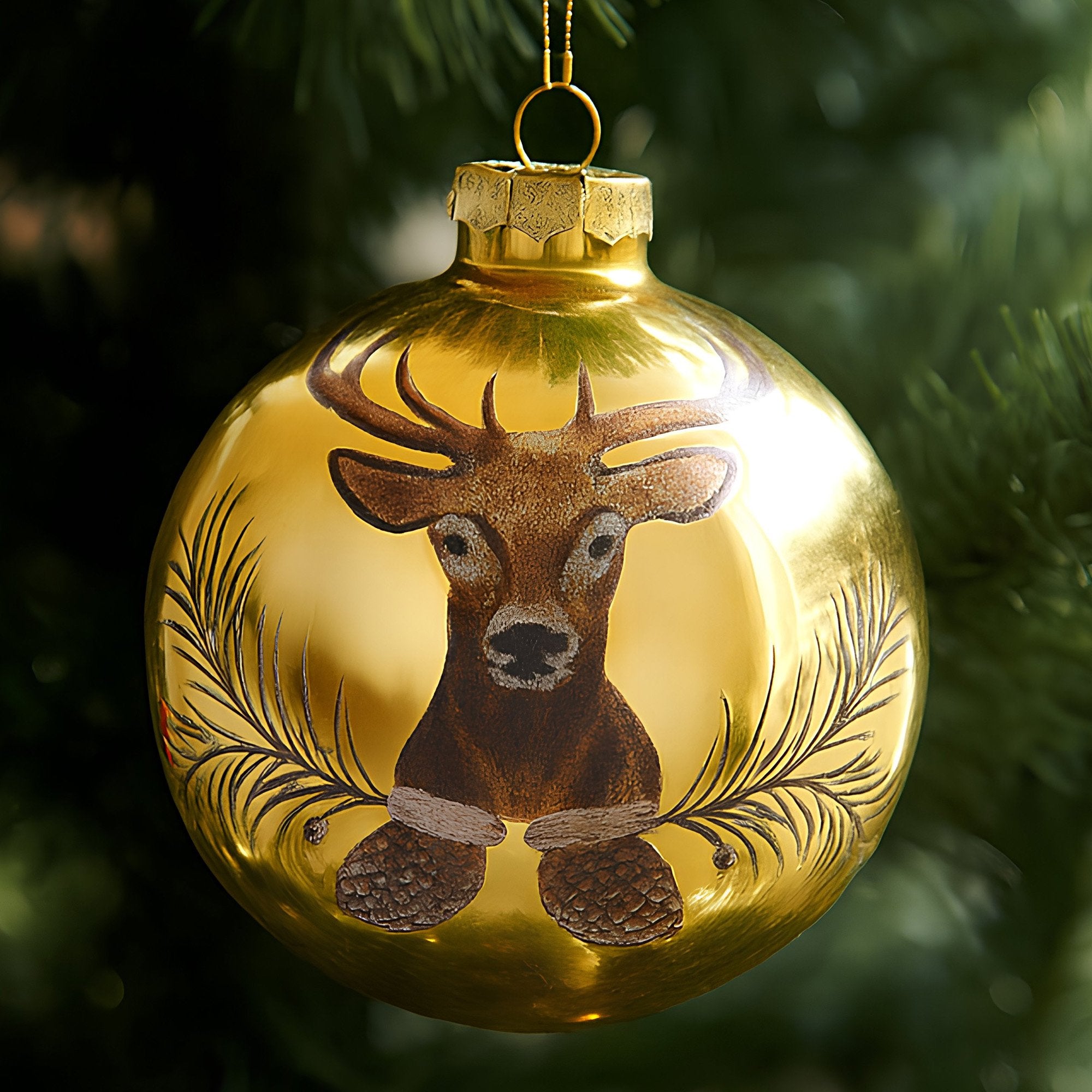 Christabelle Large Gold Glass Baubles 6Pcs with Reindeer Print Balls Christmas Tree Decoration Ornament