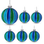 Christabelle 6 Blue Green Glass Christmas Baubles Striped 8cm Xmas Tree Decorations Hanging Ornaments Gift Boxed Set