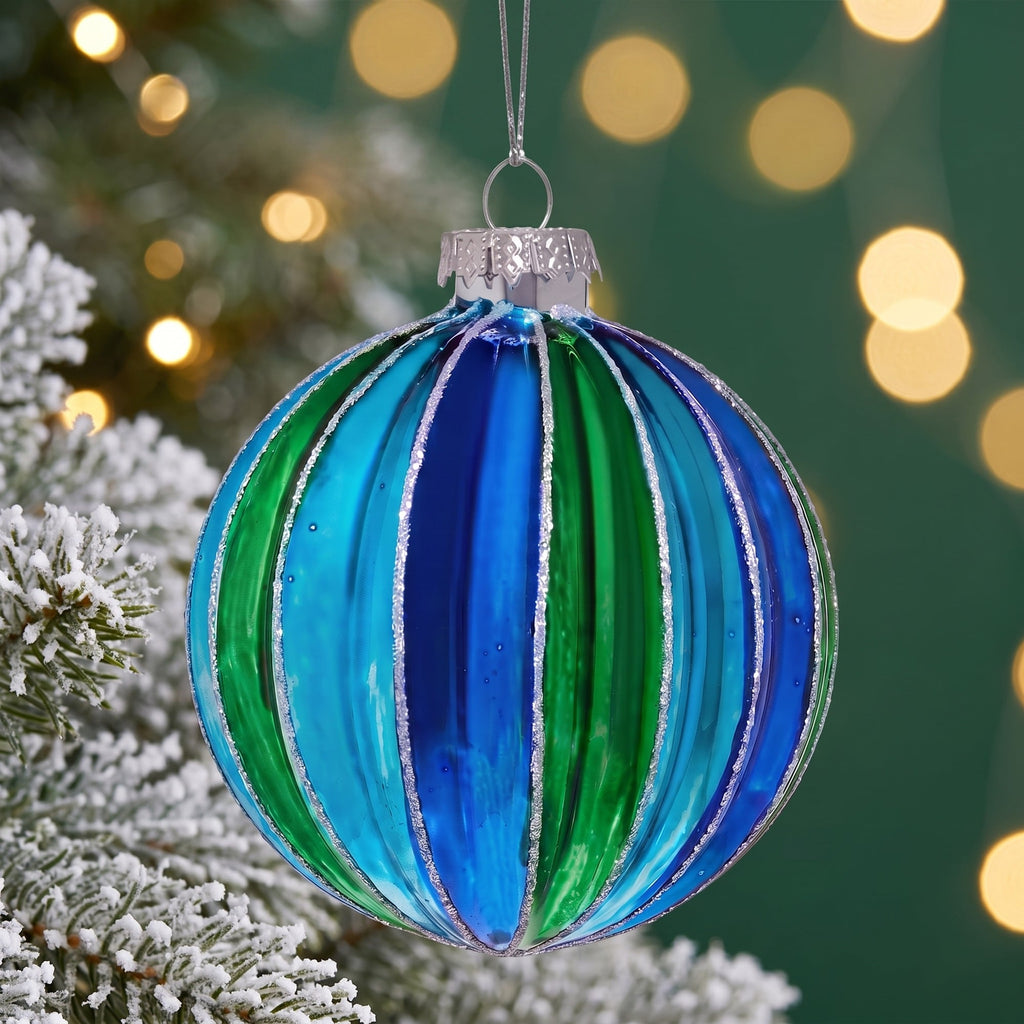 Christabelle 6 Blue Green Glass Christmas Baubles Striped 8cm Xmas Tree Decorations Hanging Ornaments Gift Boxed Set