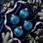 Christabelle 6 Blue Green Glass Christmas Baubles Striped 8cm Xmas Tree Decorations Hanging Ornaments Gift Boxed Set