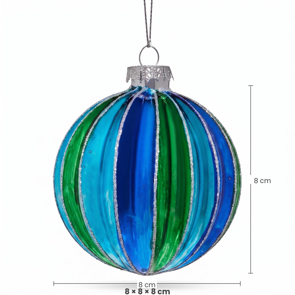 Christabelle 6 Blue Green Glass Christmas Baubles Striped 8cm Xmas Tree Decorations Hanging Ornaments Gift Boxed Set